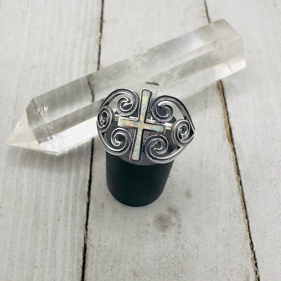 Lab Opal Cross Sterling Silver Ring - Picture 3 of 7